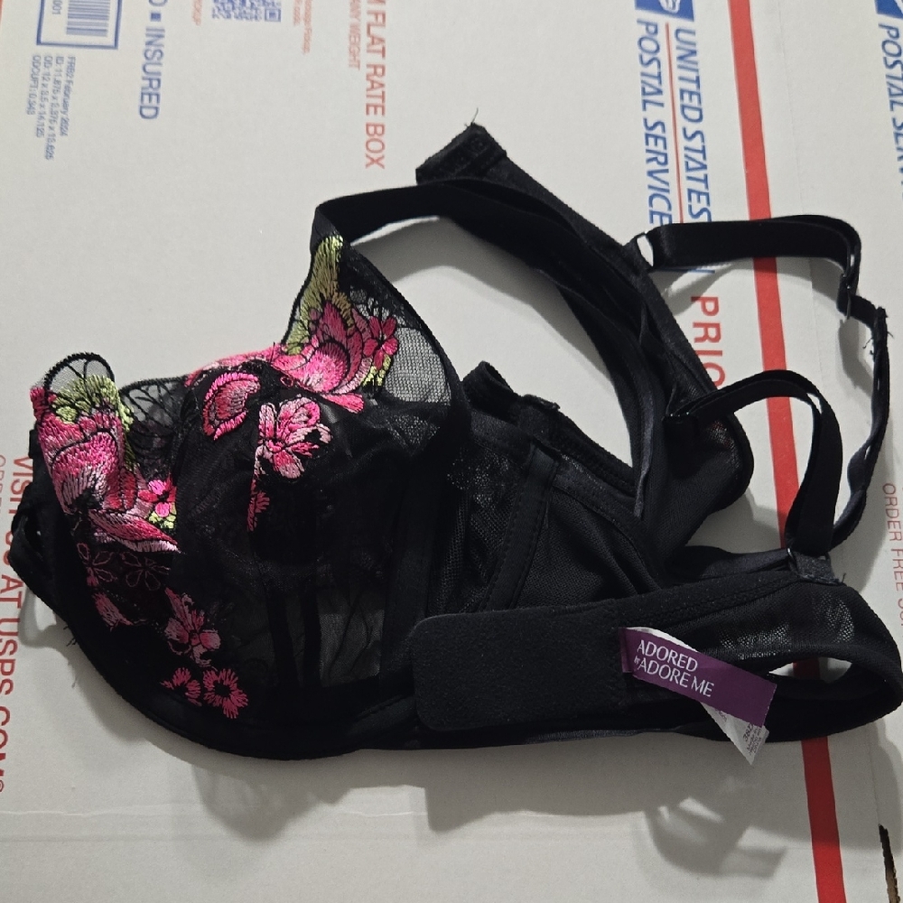 Adore Me Black Bra with Pink Floral Embroidery